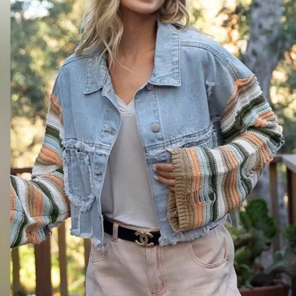 108 Live $33. Live Start, NWT  POL Raw Hem Crochet Sleeve Denim Jacket